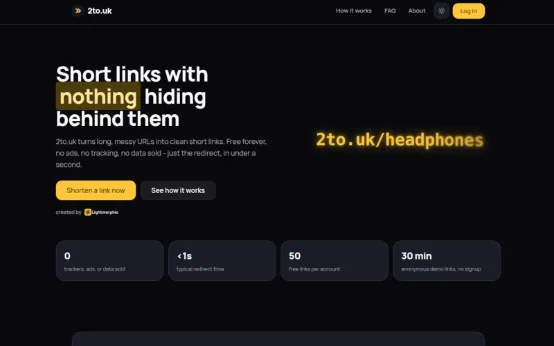 The 2to.uk link shortener, showing a long URL being shortened
