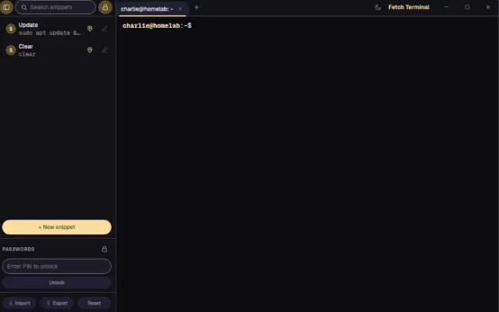 Fetch Terminal on Linux, showing saved commands ready to run in one click