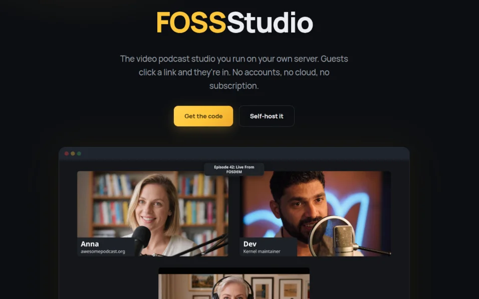 The FOSSStudio recording interface, showing a multi-person video podcast session