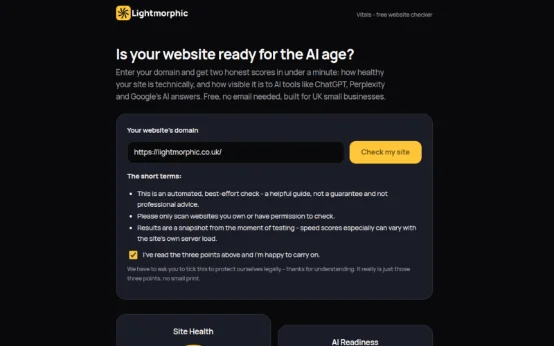Lightmorphic Vitals showing a website health score and an AI readiness score