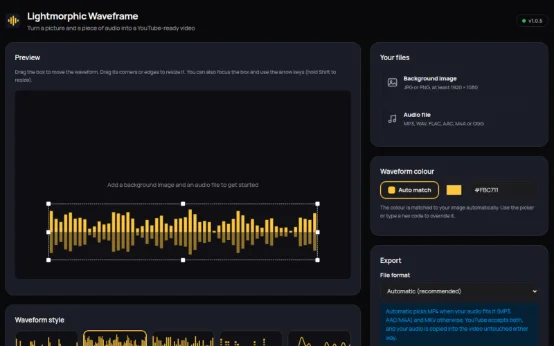 Lightmorphic Waveframe turning a still image and audio track into a video with an animated waveform
