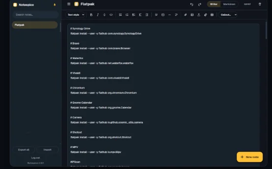 The Notespice notes app, showing notes stored as plain text files